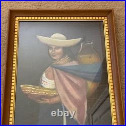 VTG Original Mexican Folk Art Oil Painting on Horse Hair Canvas Signed 24x14 MCM