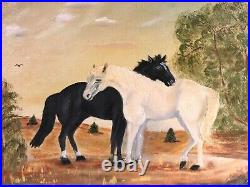 VTG Original Painting Horses, Signed M Tackett 1981 Framed, Primitive Folk Art
