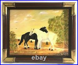 VTG Original Painting Horses, Signed M Tackett 1981 Framed, Primitive Folk Art