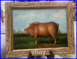 VTG Prize Pig Folk Art Oil On Board Barnyard Animal Primitive Framed Painting