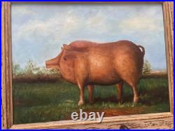 VTG Prize Pig Folk Art Oil On Board Barnyard Animal Primitive Framed Painting