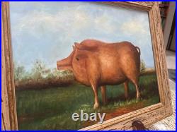 VTG Prize Pig Folk Art Oil On Board Barnyard Animal Primitive Framed Painting