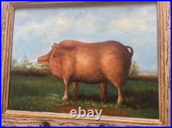 VTG Prize Pig Folk Art Oil On Board Barnyard Animal Primitive Framed Painting