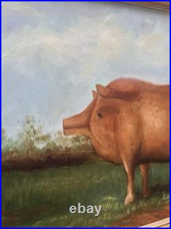 VTG Prize Pig Folk Art Oil On Board Barnyard Animal Primitive Framed Painting