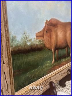 VTG Prize Pig Folk Art Oil On Board Barnyard Animal Primitive Framed Painting
