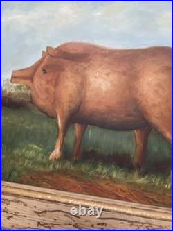 VTG Prize Pig Folk Art Oil On Board Barnyard Animal Primitive Framed Painting