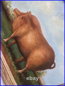VTG Prize Pig Folk Art Oil On Board Barnyard Animal Primitive Framed Painting