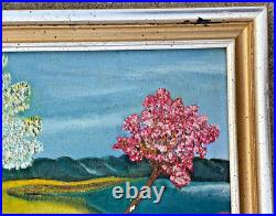 VTG Self Taught NAIVE FOLK ART Thrift Store Oil Painting Almond Trees 11x15