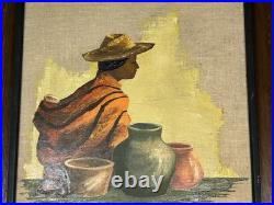 Van Lowe Signed Original Oil Painting-Southwest Folk Art Pottery Woman-MCM