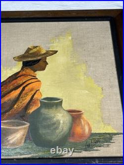Van Lowe Signed Original Oil Painting-Southwest Folk Art Pottery Woman-MCM