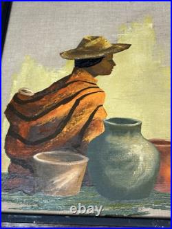 Van Lowe Signed Original Oil Painting-Southwest Folk Art Pottery Woman-MCM