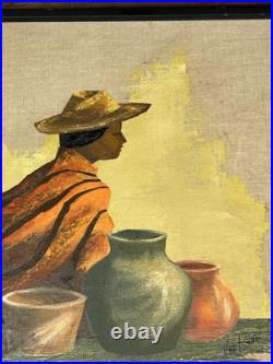 Van Lowe Signed Original Oil Painting-Southwest Folk Art Pottery Woman-MCM