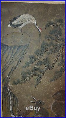 Very Fine Early 1900 Korean Folk Art MinHwa Hand Painting 2 Rabbits & 2 Cranes