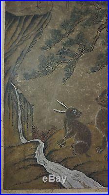 Very Fine Early 1900 Korean Folk Art MinHwa Hand Painting 2 Rabbits & 2 Cranes