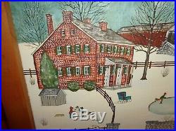Very Large Dolores Hackenberger Folk Art Winter Scene Oil on Canvas Painting