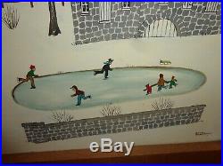 Very Large Dolores Hackenberger Folk Art Winter Scene Oil on Canvas Painting