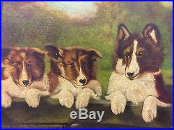Very Nice Antique American Folk Art Collie Dog And Puppies Puppy Oil Painting