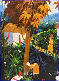 Vibrant Haitian Village Original Signed Painting, Cultural Fine Art Decor Gifts
