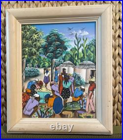 Vibrant Women Harvesting Fruit Haitian Artwork Framed 60s By Vertus Romuald 8x10