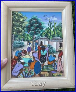 Vibrant Women Harvesting Fruit Haitian Artwork Framed 60s By Vertus Romuald 8x10