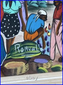 Vibrant Women Harvesting Fruit Haitian Artwork Framed 60s By Vertus Romuald 8x10
