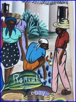 Vibrant Women Harvesting Fruit Haitian Artwork Framed 60s By Vertus Romuald 8x10