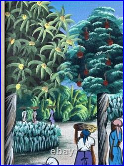 Vibrant Women Harvesting Fruit Haitian Artwork Framed 60s By Vertus Romuald 8x10