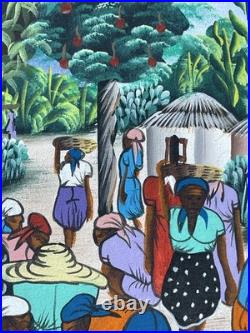 Vibrant Women Harvesting Fruit Haitian Artwork Framed 60s By Vertus Romuald 8x10