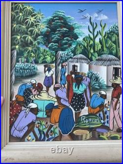 Vibrant Women Harvesting Fruit Haitian Artwork Framed 60s By Vertus Romuald 8x10