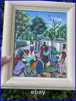 Vibrant Women Harvesting Fruit Haitian Artwork Framed 60s By Vertus Romuald 8x10
