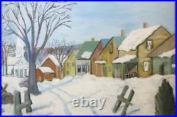 Vintage 1945 Folk Art Oil Painting Village Cape Cod Landscape Country Primitive