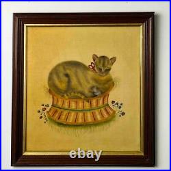 Vintage 1970s Signed Theorem Stencil Painting Primitive Folk Cat in Basket Mouse
