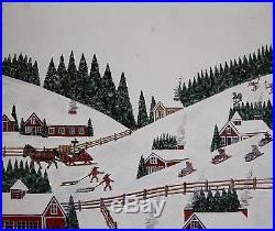 Vintage 1979 American RODMAN PELL Folk Art Primitive Winter Town Oil Painting