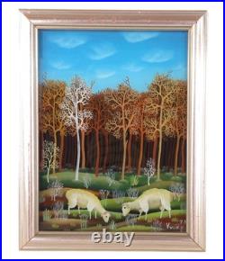 Vintage 70s P. Vulic Reverse Glass Painting Orange Sheep Hlebine Folk Art Rare