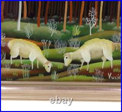 Vintage 70s P. Vulic Reverse Glass Painting Orange Sheep Hlebine Folk Art Rare