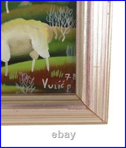 Vintage 70s P. Vulic Reverse Glass Painting Orange Sheep Hlebine Folk Art Rare