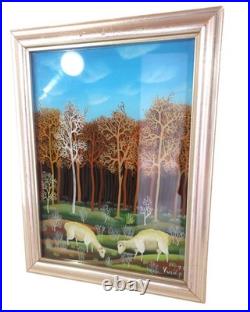 Vintage 70s P. Vulic Reverse Glass Painting Orange Sheep Hlebine Folk Art Rare