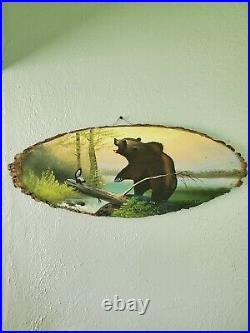 Vintage Al Mohler Wood Slab Painting Bear And Skunk 26 X 10 Onamia Mn