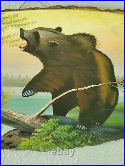 Vintage Al Mohler Wood Slab Painting Bear And Skunk 26 X 10 Onamia Mn