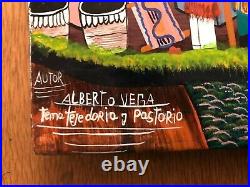 Vintage Albert Vega Peruvian Folk Art Animal Hide Painting Bright Mid Century
