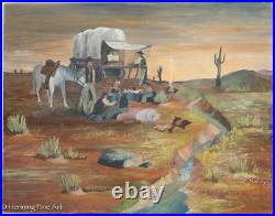 Vintage American Folk Art Painting Western Landscape Pioneer Signed Walt Hillman