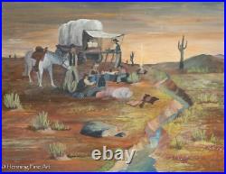Vintage American Folk Art Painting Western Landscape Pioneer Signed Walt Hillman