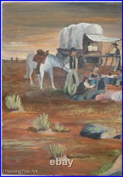 Vintage American Folk Art Painting Western Landscape Pioneer Signed Walt Hillman