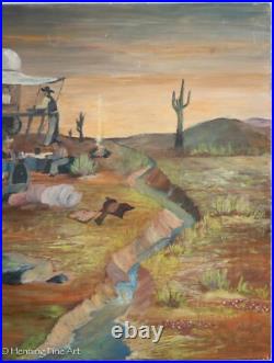 Vintage American Folk Art Painting Western Landscape Pioneer Signed Walt Hillman