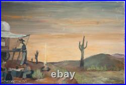 Vintage American Folk Art Painting Western Landscape Pioneer Signed Walt Hillman
