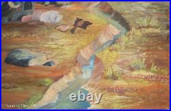 Vintage American Folk Art Painting Western Landscape Pioneer Signed Walt Hillman