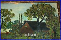 Vintage American Landscape Oil Painting, Riverboat, Signed S. Straw Folk Art