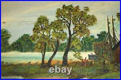 Vintage American Landscape Oil Painting, Riverboat, Signed S. Straw Folk Art