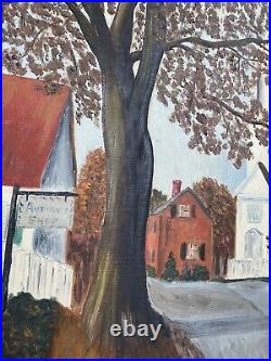 Vintage American Original Folk Art Landscape Painting Farm Town MCM Cottage 24