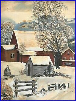 Vintage American Primitive Folk Art Painting Red Barn-Winter Snow-Country Farm
